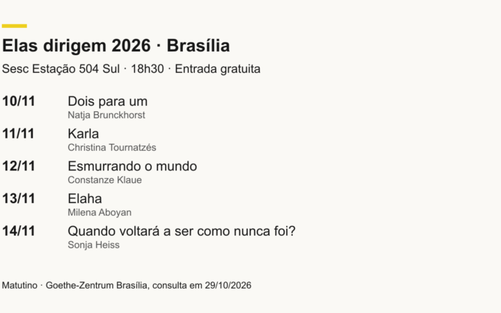 Cinco sessões de cinema alemão no Sesc Estação 504 Sul, de 10 a 14 de novembro, sempre às 18h30, com entrada gratuita.