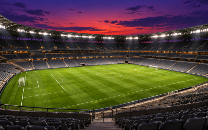 Ilustração editorial por IA: Estádio de futebol genérico visto de uma arquibancada alta, gramado iluminado ao anoitecer, arquibancadas vazias e céu violeta, sem clubes, jogadores, placar ou elementos que afirmem representar uma partida ou estádio real.