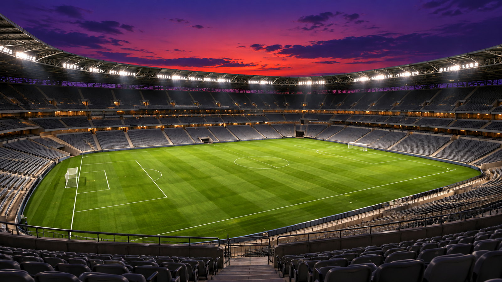 Ilustração editorial por IA: Estádio de futebol genérico visto de uma arquibancada alta, gramado iluminado ao anoitecer, arquibancadas vazias e céu violeta, sem clubes, jogadores, placar ou elementos que afirmem representar uma partida ou estádio real.