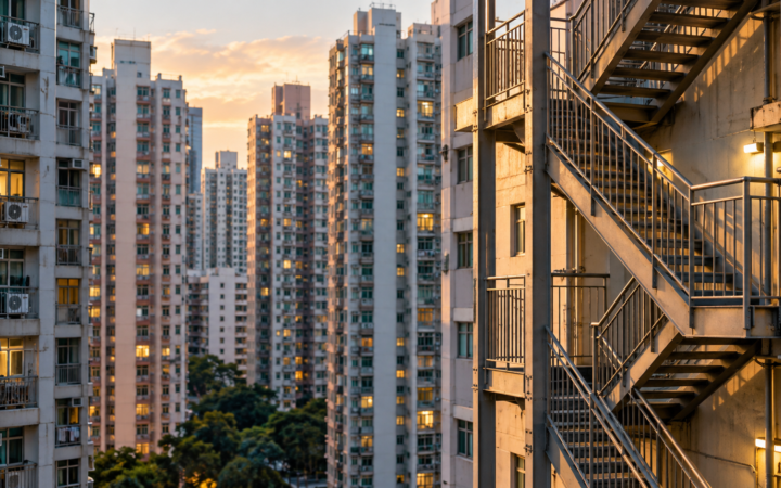 Ilustração editorial por IA: Fachada de prédios residenciais densos e uma escada de emergência em primeiro plano, arquitetura urbana genérica, sem fogo, vítimas, destroços ou agentes de resgate, sem representar o incêndio real de Tai Po.