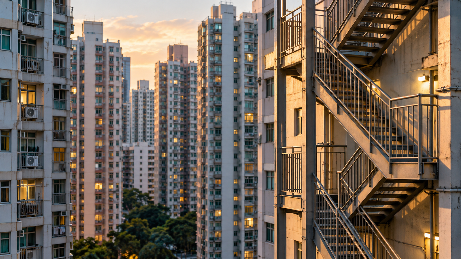 Ilustração editorial por IA: Fachada de prédios residenciais densos e uma escada de emergência em primeiro plano, arquitetura urbana genérica, sem fogo, vítimas, destroços ou agentes de resgate, sem representar o incêndio real de Tai Po.