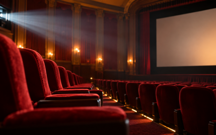 Ilustração editorial por IA de sala de cinema vazia, poltronas vermelhas e luz de projetor; não reproduz cena de La Bola Negra ou festival real.