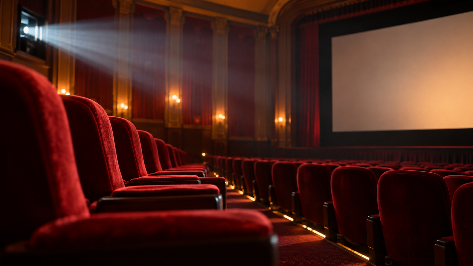 Ilustração editorial por IA de sala de cinema vazia, poltronas vermelhas e luz de projetor; não reproduz cena de La Bola Negra ou festival real.