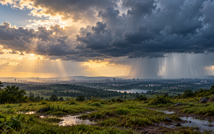 Ilustração editorial por IA de nuvens e faixas de chuva sobre paisagem genérica; não é mapa de previsão nem fotografia de tempestade real.