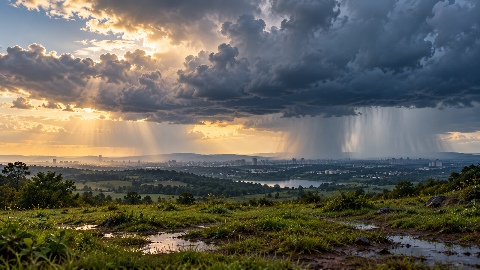 Ilustração editorial por IA de nuvens e faixas de chuva sobre paisagem genérica; não é mapa de previsão nem fotografia de tempestade real.