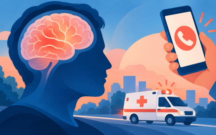 Ilustração editorial por IA de perfil humano, cérebro, telefone e ambulância; composição conceitual, sem paciente real ou representação diagnóstica.