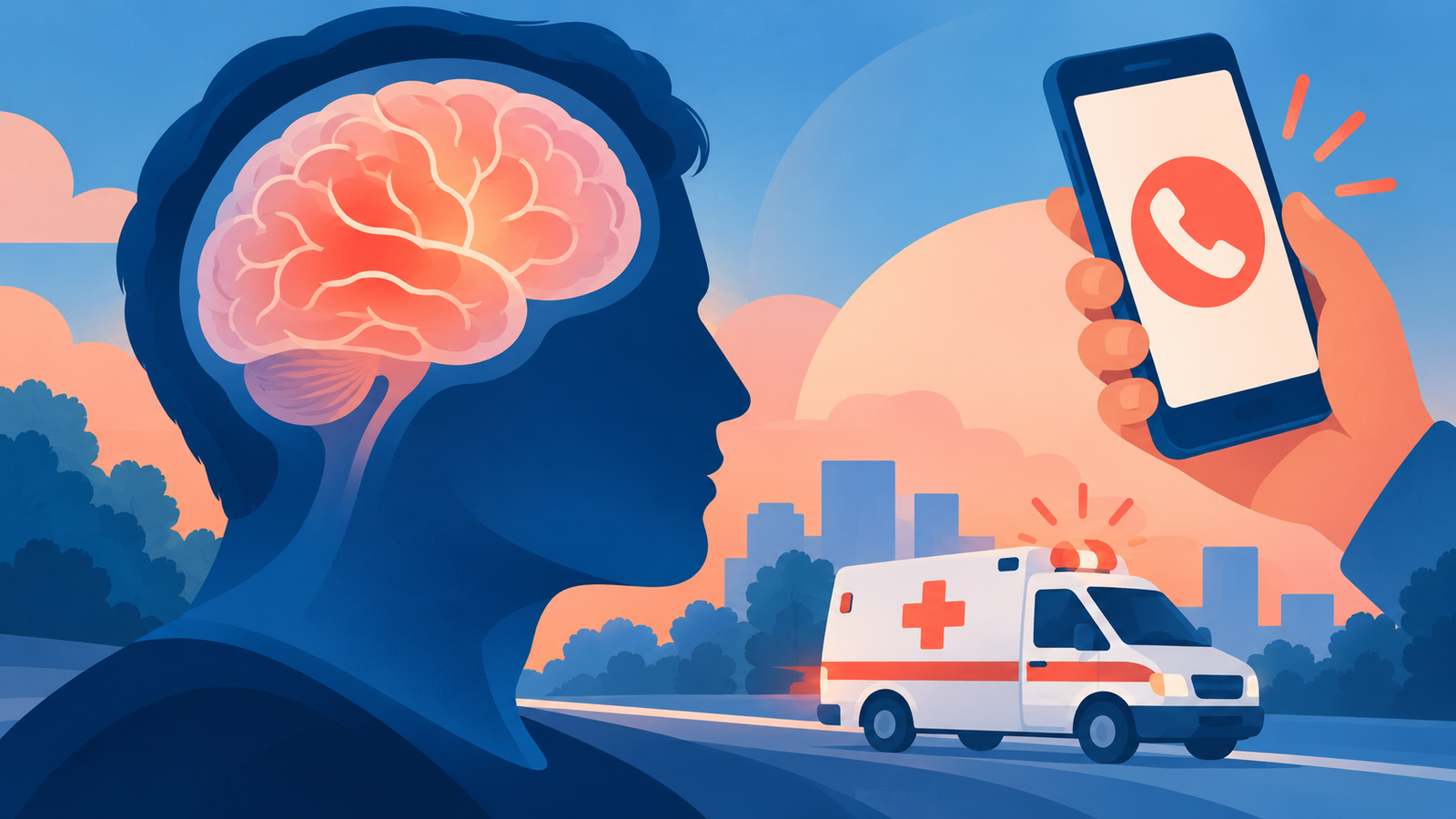 Ilustração editorial por IA de perfil humano, cérebro, telefone e ambulância; composição conceitual, sem paciente real ou representação diagnóstica.