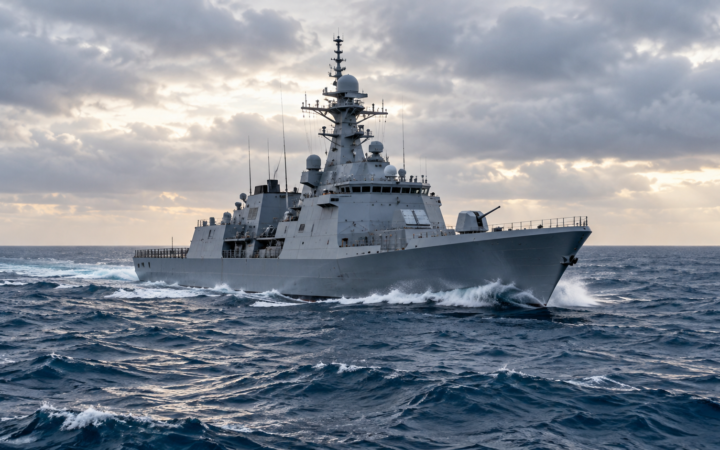 Ilustração editorial por IA: A wide ocean view with one generic modern naval vessel in the middle distance under a softly overcast sky, crisp steel ship details, realistic sea and wake. No flags, no identifiable ship numbers, no map, no explosions, no missiles or combat. This is a conceptual image about naval activity, not a claim about a particular ship or its real location.