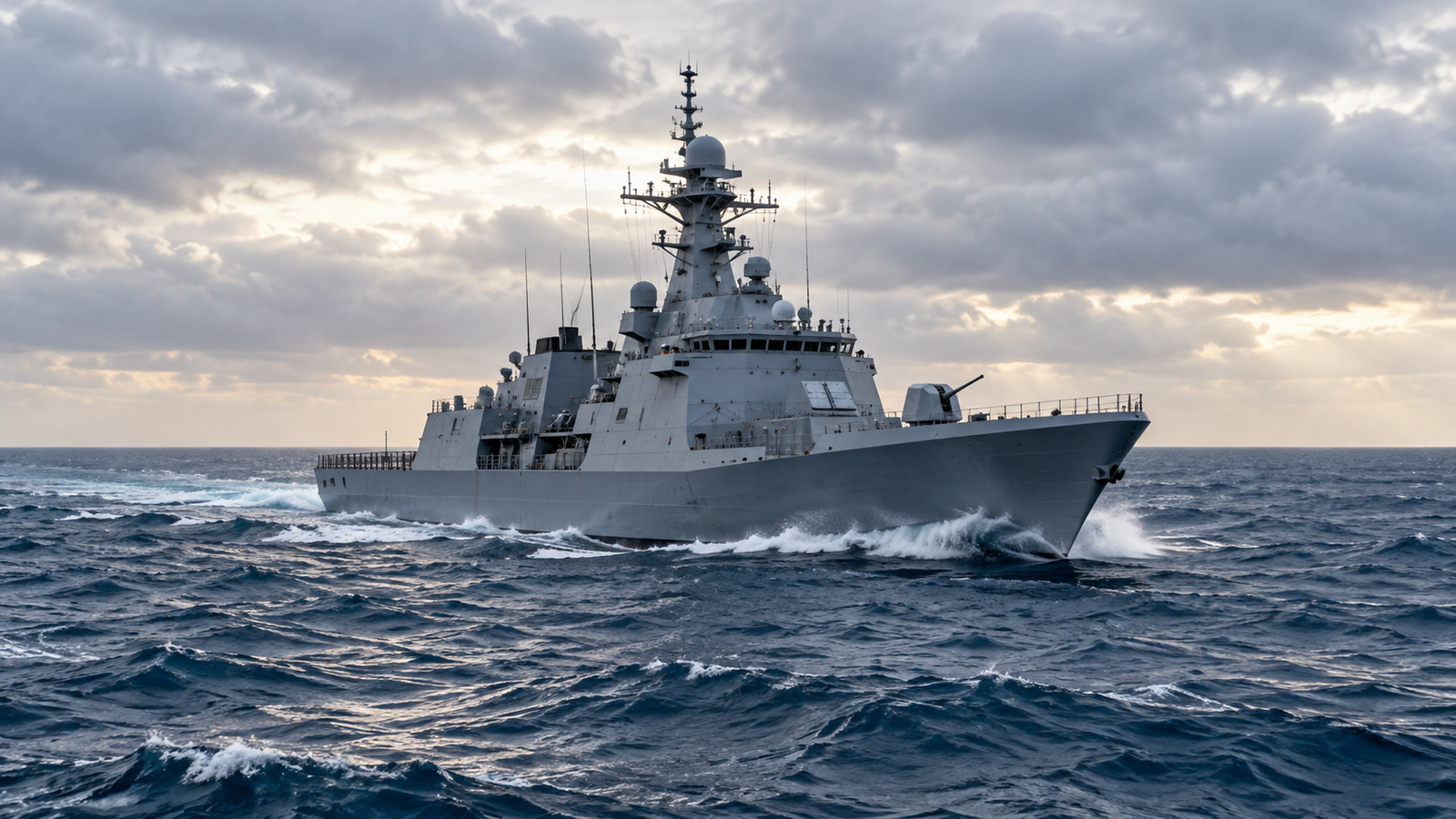 Ilustração editorial por IA: A wide ocean view with one generic modern naval vessel in the middle distance under a softly overcast sky, crisp steel ship details, realistic sea and wake. No flags, no identifiable ship numbers, no map, no explosions, no missiles or combat. This is a conceptual image about naval activity, not a claim about a particular ship or its real location.