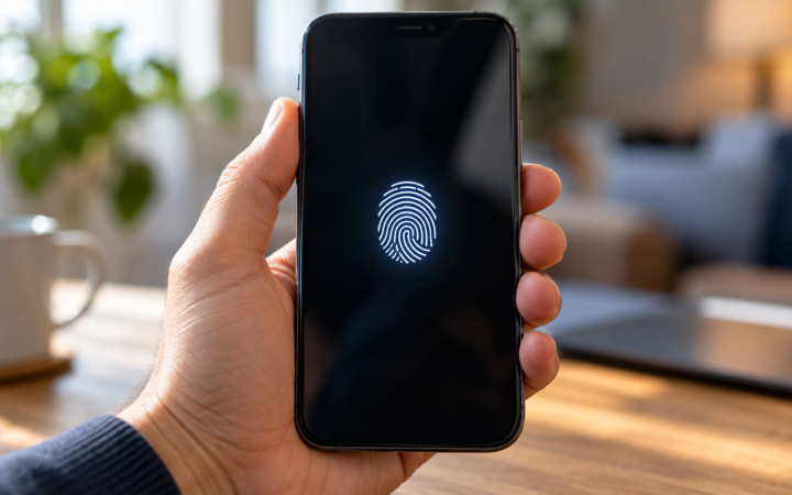 Ilustração editorial por IA: Close-up of an adult hand holding an unbranded modern smartphone; a simple luminous fingerprint symbol centered on the otherwise dark screen. Softly blurred everyday setting, realistic skin texture and glass reflections. No words, no digits, no fake government app or brand logo. Conceptual mobile biometric identification.