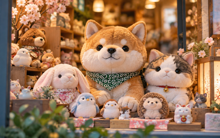 Ilustração editorial por IA: A tasteful close view of a colorful shop window with generic plush animals and small character toys, Japanese contemporary design atmosphere, shallow depth of field; do not reproduce recognizable copyrighted characters or logos; no words or signage.