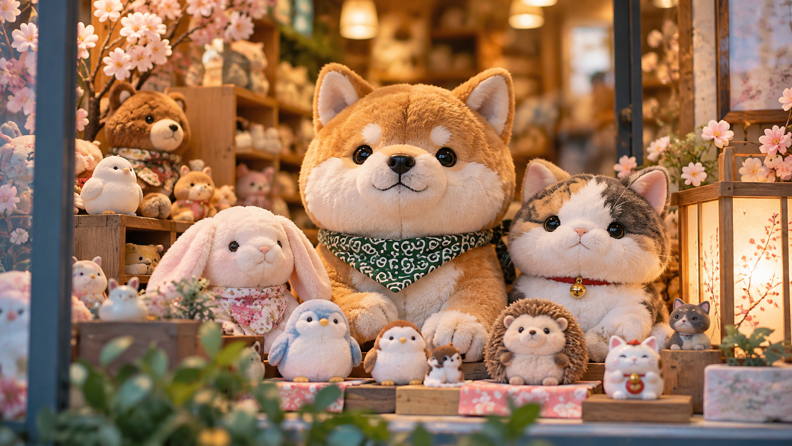 Ilustração editorial por IA: A tasteful close view of a colorful shop window with generic plush animals and small character toys, Japanese contemporary design atmosphere, shallow depth of field; do not reproduce recognizable copyrighted characters or logos; no words or signage.
