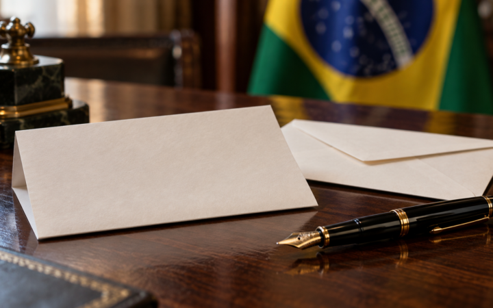 Ilustração editorial por IA de papel, envelope e caneta, sem reproduzir documento real.