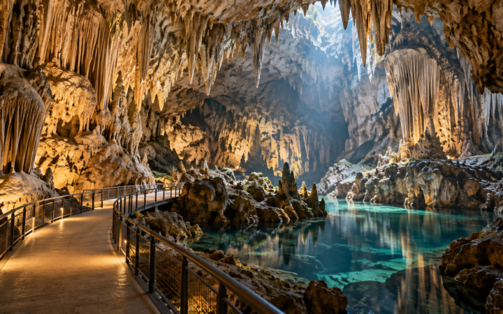 Ilustração editorial por IA: Uma ampla caverna calcária natural, paredões e estalactites, passarela discreta vazia e luz suave de exploração; paisagem conceitual, não representar a Caverna Desmoronada nem visita documentada.