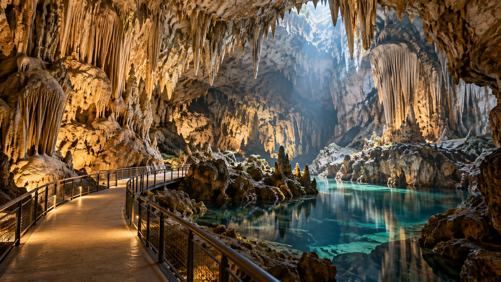 Ilustração editorial por IA: Uma ampla caverna calcária natural, paredões e estalactites, passarela discreta vazia e luz suave de exploração; paisagem conceitual, não representar a Caverna Desmoronada nem visita documentada.