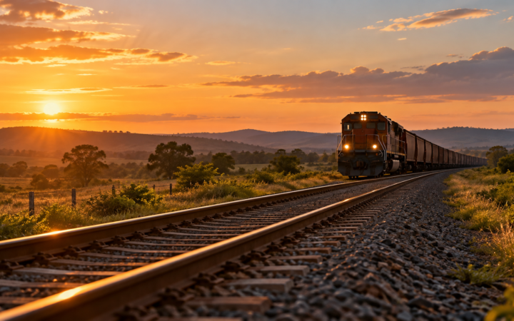 Ilustração editorial por IA: Trilhos de ferrovia e um trem de carga distante em paisagem rural brasileira genérica, luz de fim de tarde, sem logotipos, nomes de estações ou rota identificada.