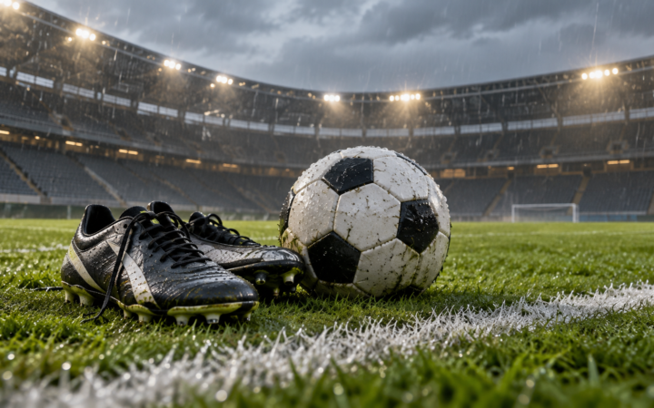 Ilustração editorial por IA: Chuteiras e uma bola de futebol junto à linha lateral de um campo verde sob chuva leve, estádio genérico vazio ao fundo, sem clubes, jogadores ou placar; não representar uma partida real.