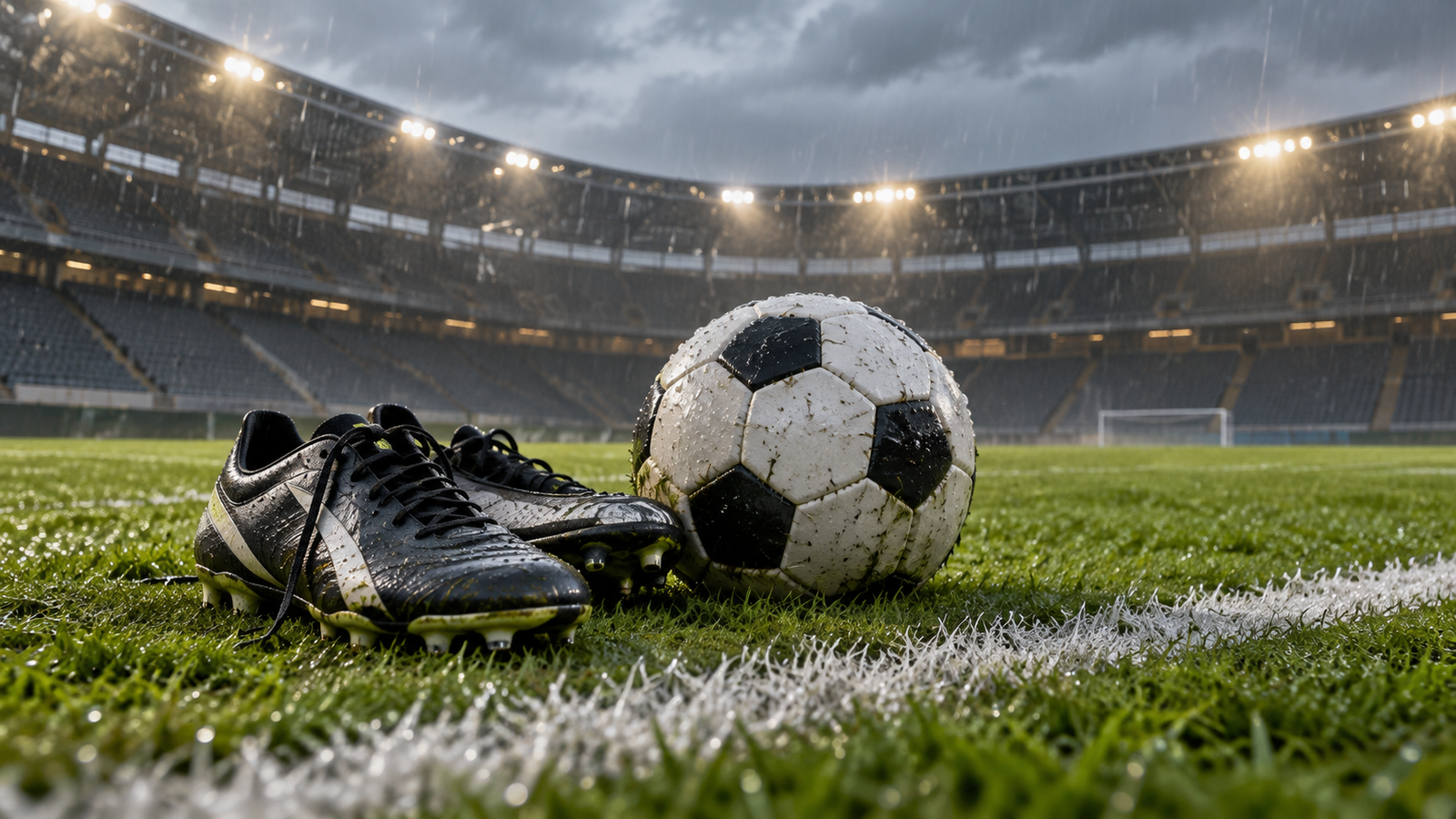Ilustração editorial por IA: Chuteiras e uma bola de futebol junto à linha lateral de um campo verde sob chuva leve, estádio genérico vazio ao fundo, sem clubes, jogadores ou placar; não representar uma partida real.