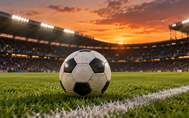 Ilustração editorial por IA: A football on the vivid grass near the touchline of a large Brazilian-style football stadium at dusk, floodlights and softly blurred stands; no scoreboards, no team emblems, no recognizable players or real-match scene.