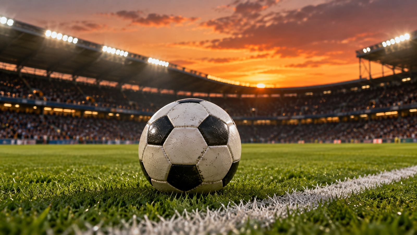 Ilustração editorial por IA: A football on the vivid grass near the touchline of a large Brazilian-style football stadium at dusk, floodlights and softly blurred stands; no scoreboards, no team emblems, no recognizable players or real-match scene.