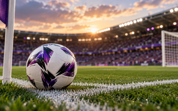 Ilustração editorial por IA: Bola de futebol moderna com detalhes violeta junto ao canto de um campo, rede e arquibancadas desfocadas, atmosfera de decisão esportiva, sem jogadoras ou clubes, não representar jogo real.