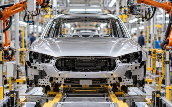 Ilustração editorial por IA: An unbranded silver passenger car on an automobile assembly line, workers only as distant indistinct shapes, real industrial machinery, bright clean factory light; no company marks, no labels or claims about a real factory.