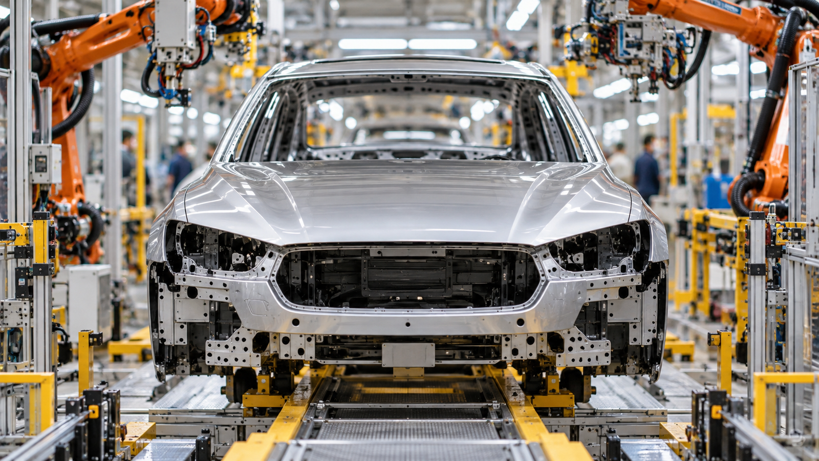 Ilustração editorial por IA: An unbranded silver passenger car on an automobile assembly line, workers only as distant indistinct shapes, real industrial machinery, bright clean factory light; no company marks, no labels or claims about a real factory.
