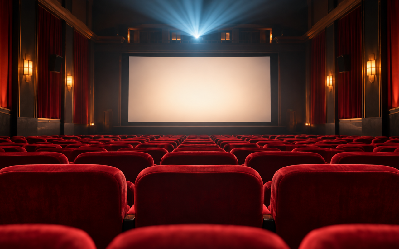 Ilustração editorial por IA: An inviting empty cinema auditorium with red upholstered seats, a beam from the projection booth and a softly glowing blank screen; no poster, no lettering, no assertion this is a real named venue.