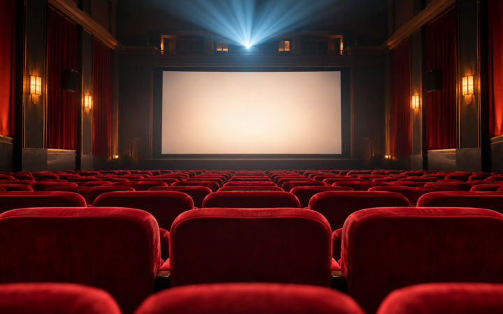 Ilustração editorial por IA: An inviting empty cinema auditorium with red upholstered seats, a beam from the projection booth and a softly glowing blank screen; no poster, no lettering, no assertion this is a real named venue.