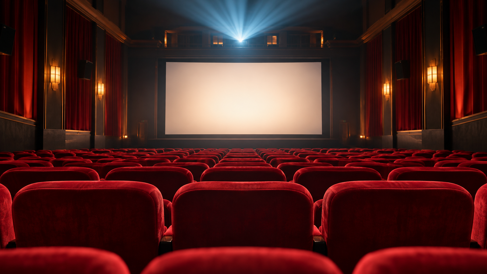 Ilustração editorial por IA: An inviting empty cinema auditorium with red upholstered seats, a beam from the projection booth and a softly glowing blank screen; no poster, no lettering, no assertion this is a real named venue.
