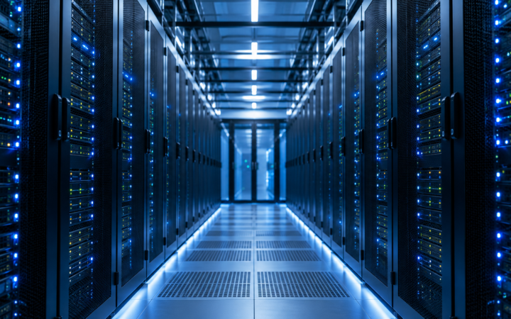 Ilustração editorial por IA: Corredor de datacenter com racks e indicadores discretos, luz azul equilibrada, sem marcas ou telas legíveis, não representar instalação real de empresa identificada.