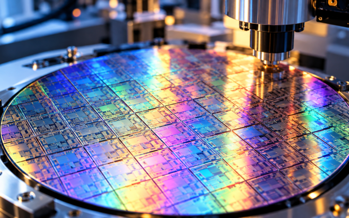 Ilustração editorial por IA: Macro de wafer de silício com reflexos iridescentes em ambiente tecnológico, microcircuitos visuais detalhados, sem marca, letras, números ou anúncio de produto específico.