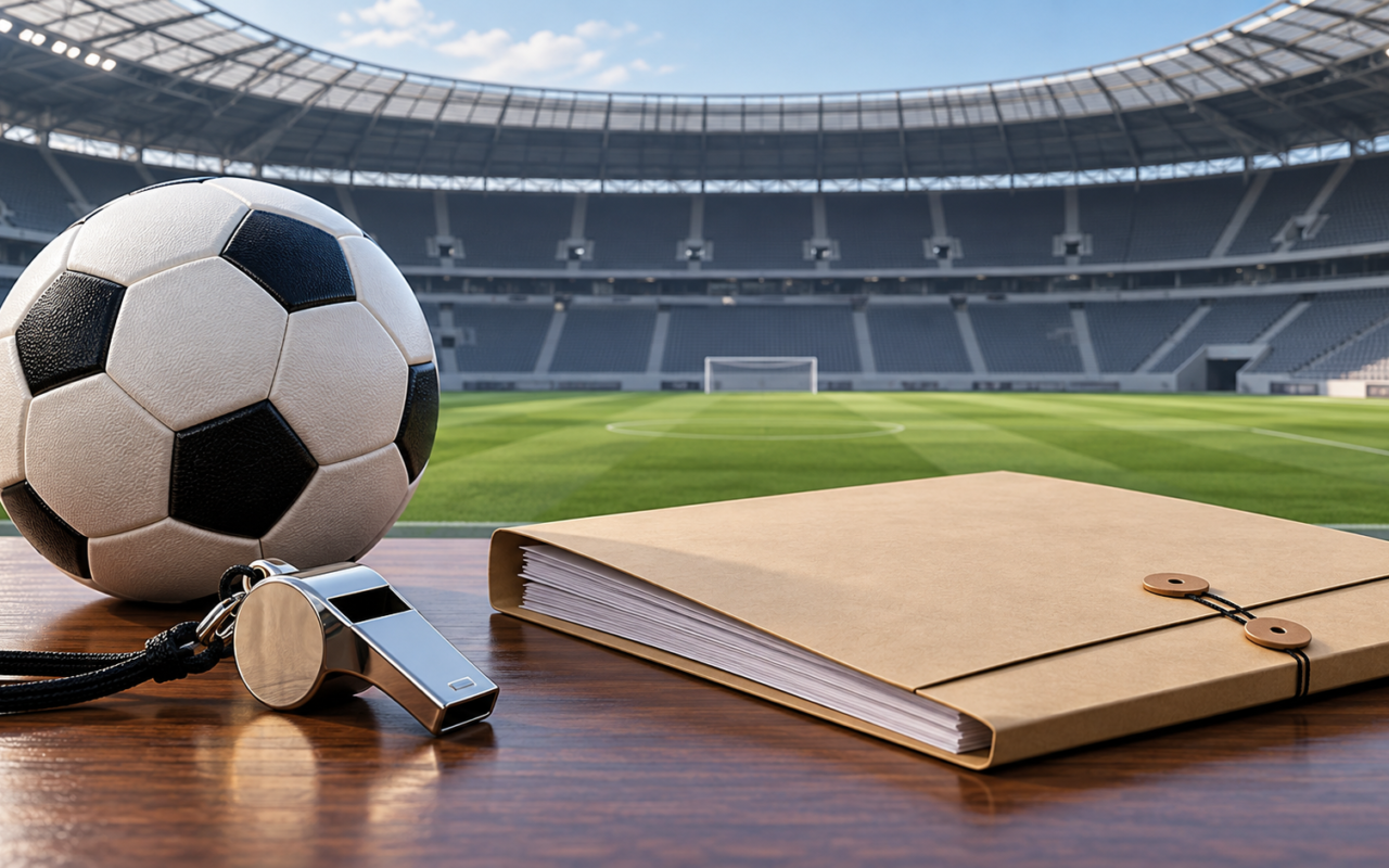 Ilustração editorial por IA de bola e apito diante de estádio vazio; não retrata clube, dirigente ou árbitros reais.