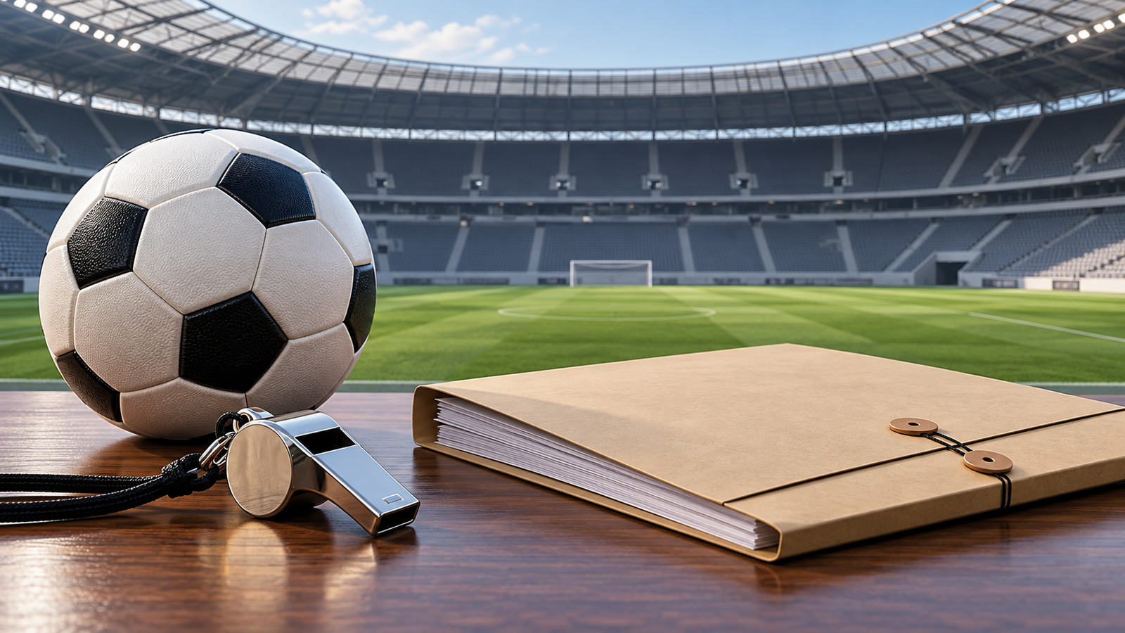 Ilustração editorial por IA de bola e apito diante de estádio vazio; não retrata clube, dirigente ou árbitros reais.