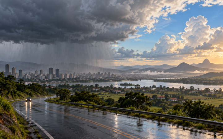 Ilustração editorial por IA de nuvens sobre cidade e estrada; não é registro meteorológico real.