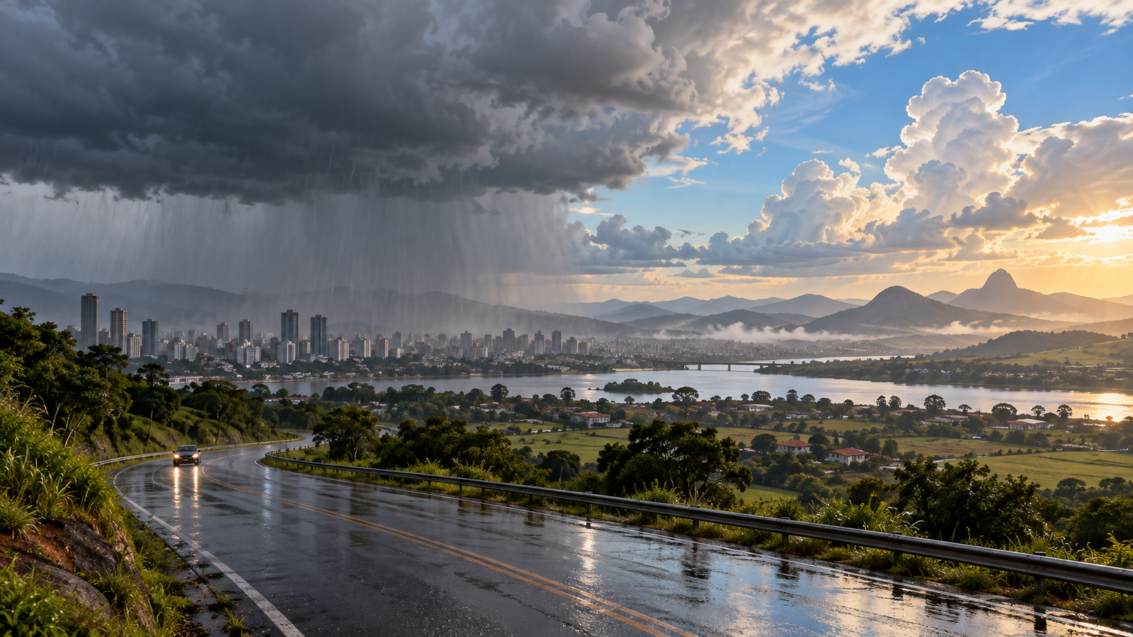 Ilustração editorial por IA de nuvens de chuva e abertura de céu sobre cidade e estrada; não representa previsão geográfica ou registro meteorológico real.