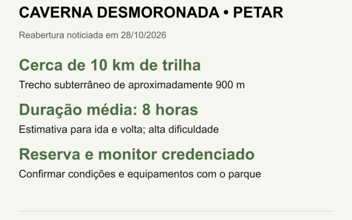 Infográfico: CAVERNA DESMORONADA • PETAR. Cerca de 10 km de trilha; Trecho subterrâneo de aproximadamente 900 m. Duração média: 8 horas; Estimativa para ida e volta; alta dificuldade. Reserva e monitor credenciado; Confirmar condições e equipamentos com o parque.