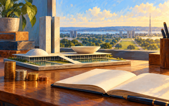 Ilustração editorial por IA com moedas, caderno e referência visual a Brasília.