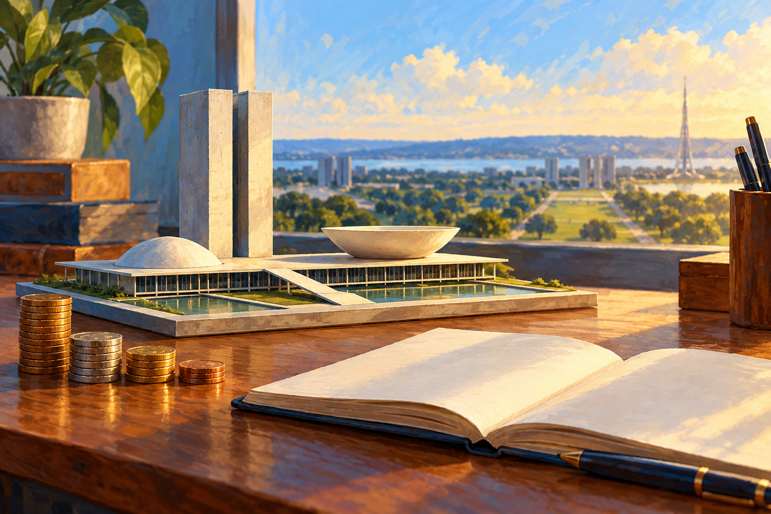 Ilustração editorial por IA com moedas, caderno e referência visual a Brasília.