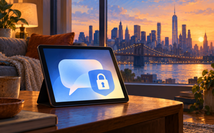 Ilustração editorial por IA de tablet com símbolo de proteção e referência visual à cidade de Nova York.