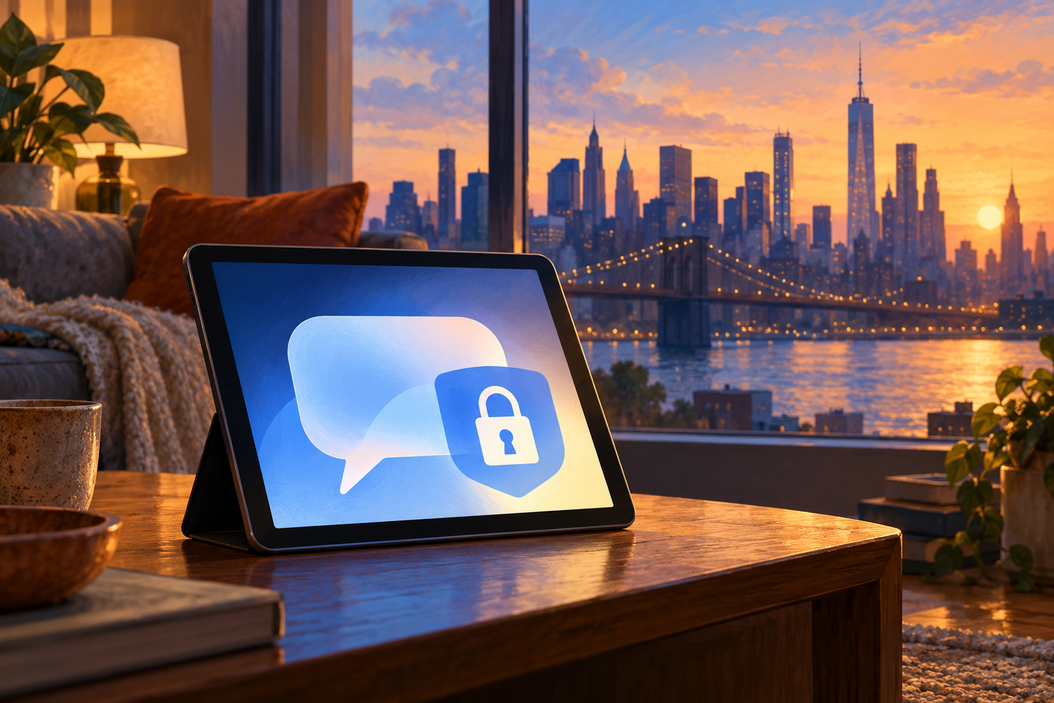 Ilustração editorial por IA de tablet com símbolo de proteção e referência visual à cidade de Nova York.