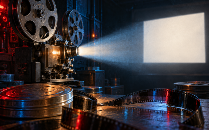 Ilustração editorial por IA de projetor de cinema com película e feixe de luz; não é imagem de sessão do festival.