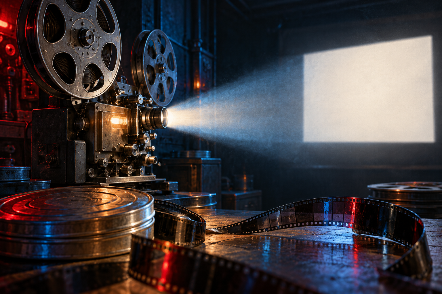 Ilustração editorial por IA de projetor de cinema com película e feixe de luz; não é imagem de sessão do festival.