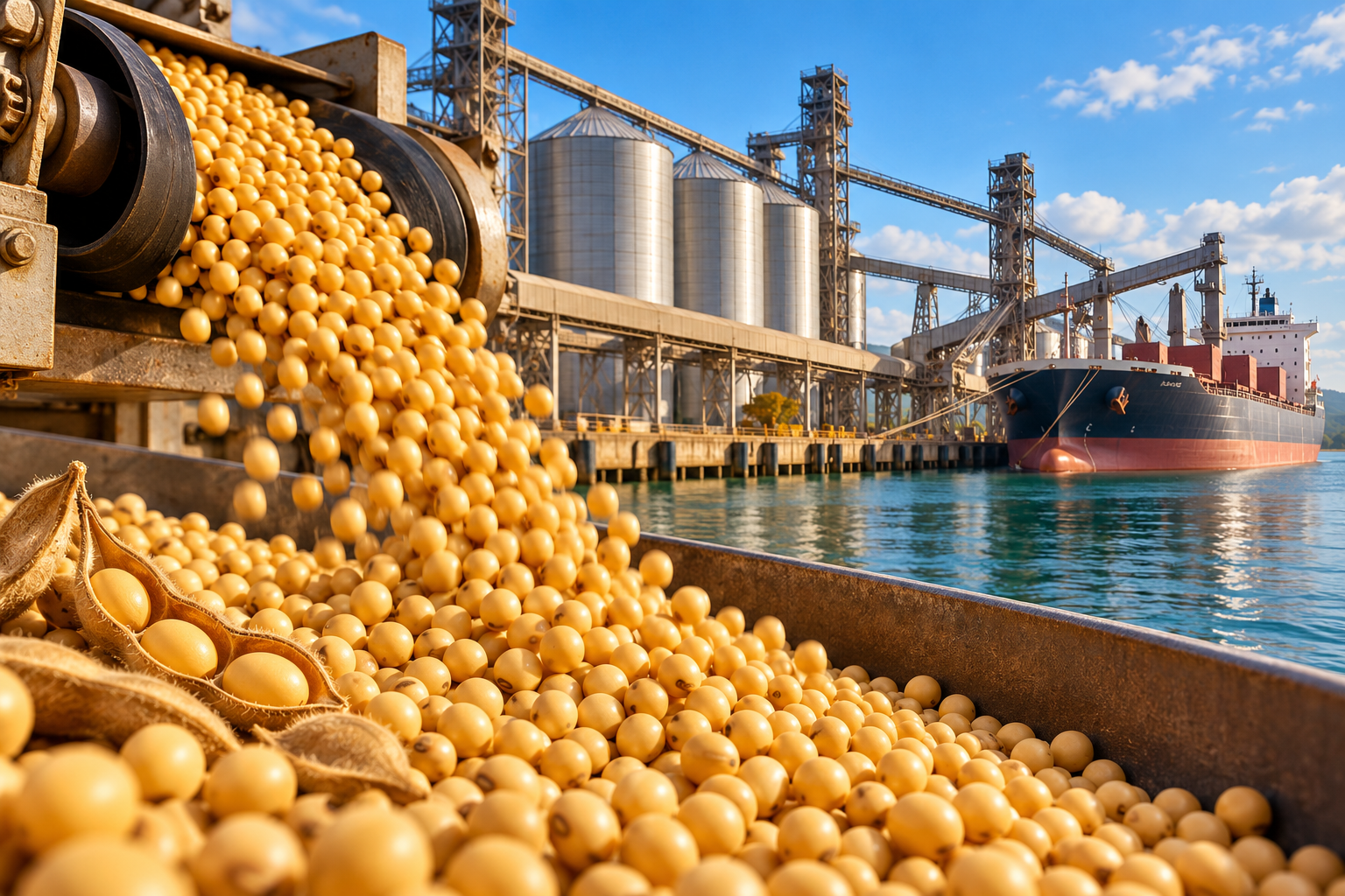 Ilustração editorial por IA de grãos de soja, silos e navio de carga em terminal genérico.