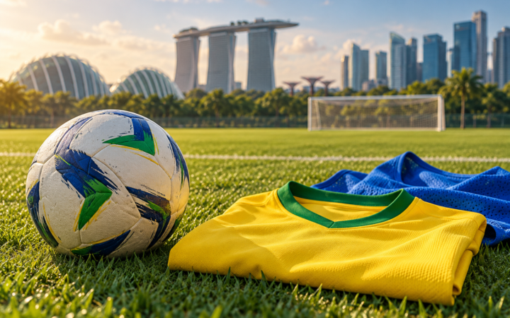Ilustração editorial por IA com bola, camisa amarela e campo de futebol em composição alusiva a Singapura.
