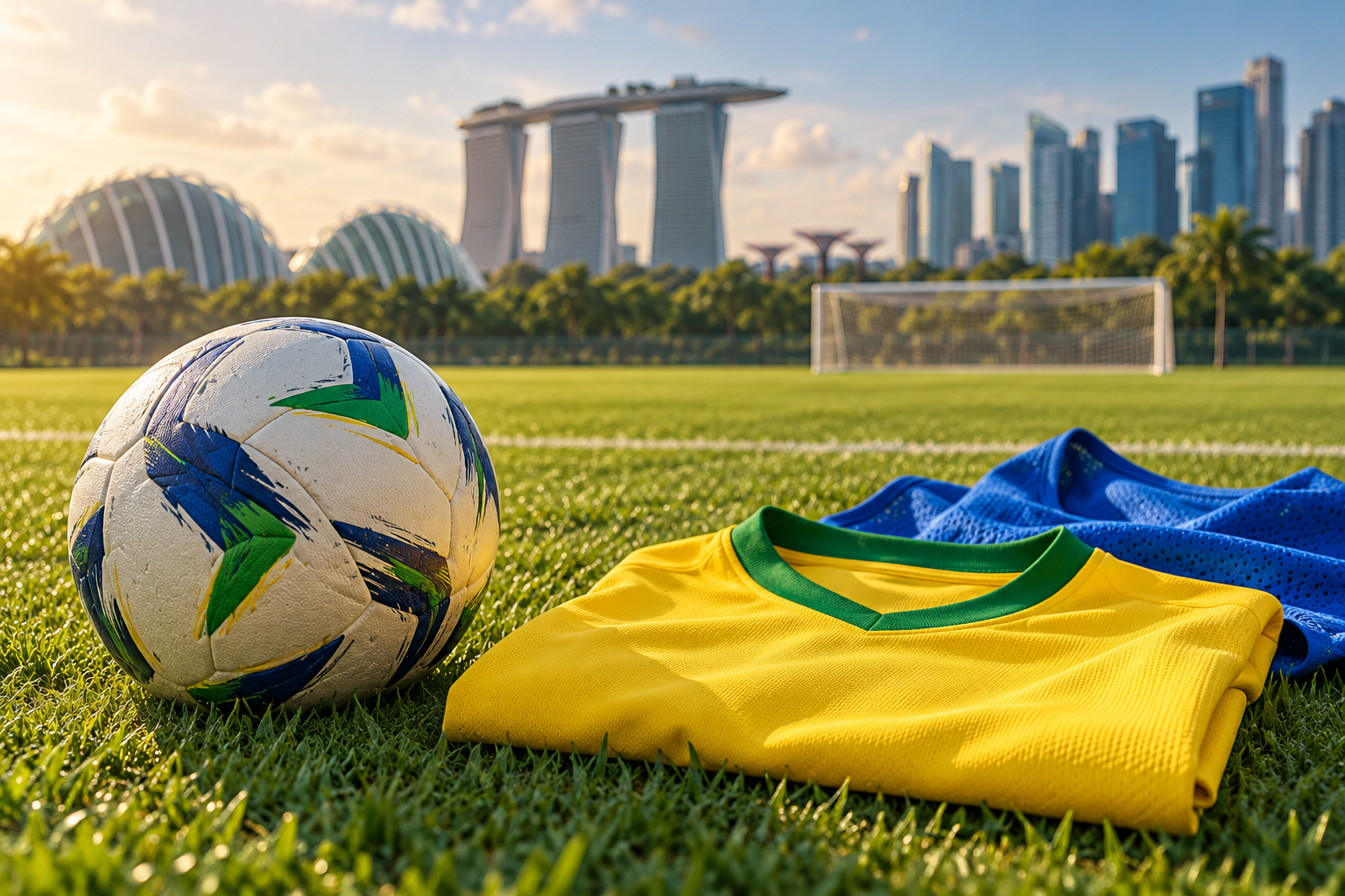 Ilustração editorial por IA com bola, camisa amarela e campo de futebol em composição alusiva a Singapura.