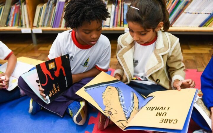 Duas crianças consultam livros sentadas diante de estantes de uma biblioteca.