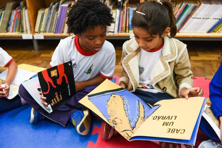 Duas crianças consultam livros sentadas diante de estantes de uma biblioteca.