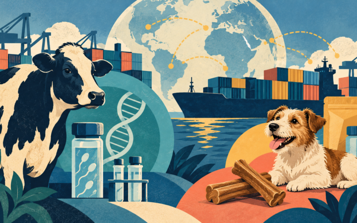 Ilustração editorial gerada por IA sobre comércio internacional de genética bovina e mastigáveis para animais de companhia, sem representar embarque real