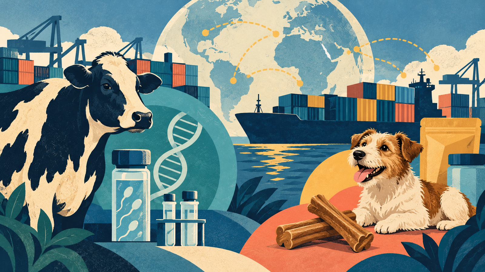 Ilustração editorial gerada por IA sobre comércio internacional de genética bovina e mastigáveis para animais de companhia, sem representar embarque real.